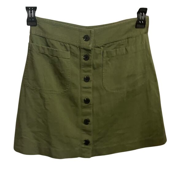 Madewell Mini Skirt Size 2 station A Line Full Button Olive Green Academia - Picture 1 of 8